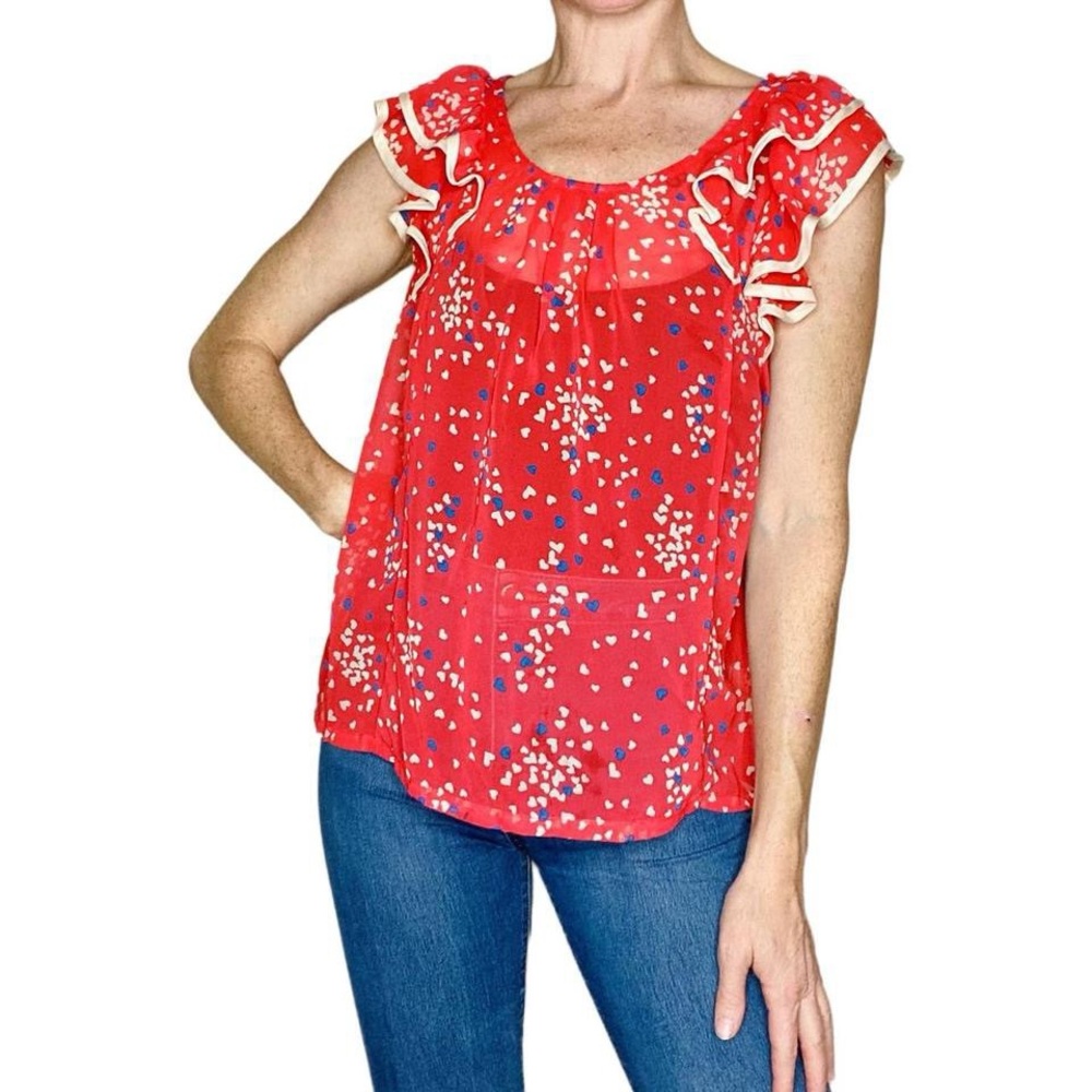 Robin K Red & Blue Heart Ruffle Sheer Valentine’s Day Coquette Blouse